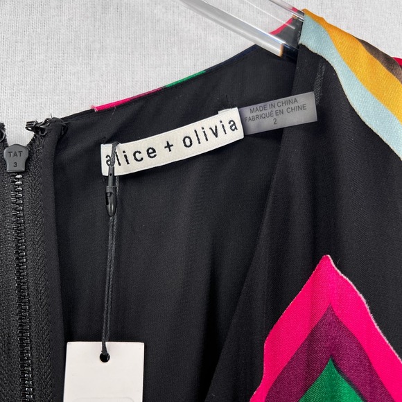 ALICE + OLIVIA Midi Dress Womens 2 Black Rainbow Multi Chevron Burnout Tie Waist - Picture 13 of 16